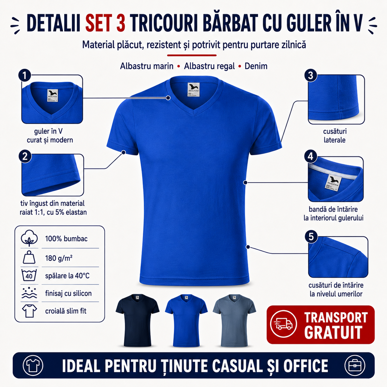 Detalii tricou bărbați Malfini Slim Fit V Neck 146 guler &icirc;n V 100% bumbac 180 g/m2